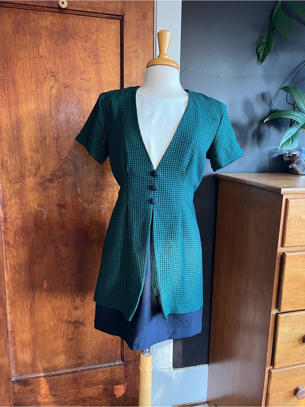 Navy & green gingham 90s mini dress